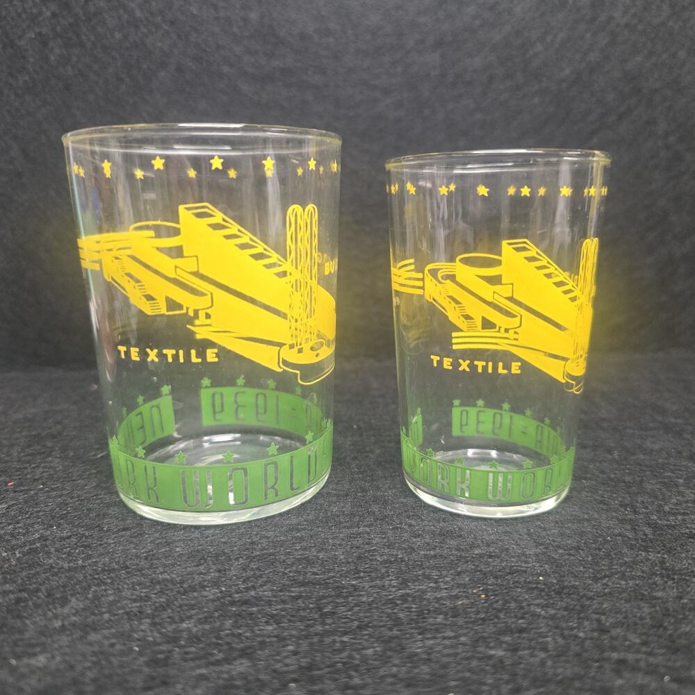 1939 New York World's Fair Set Of 2 Collectible Textile Bulding Glasses